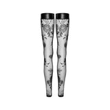 Tulle Stockings w Patterned Flock Embroidery & Power Wetlook Band