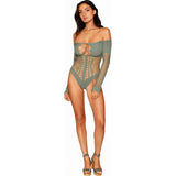 Dreamgirl Seamless Long Sleeve Teddy with Removeable Gold Halter Chain Sage