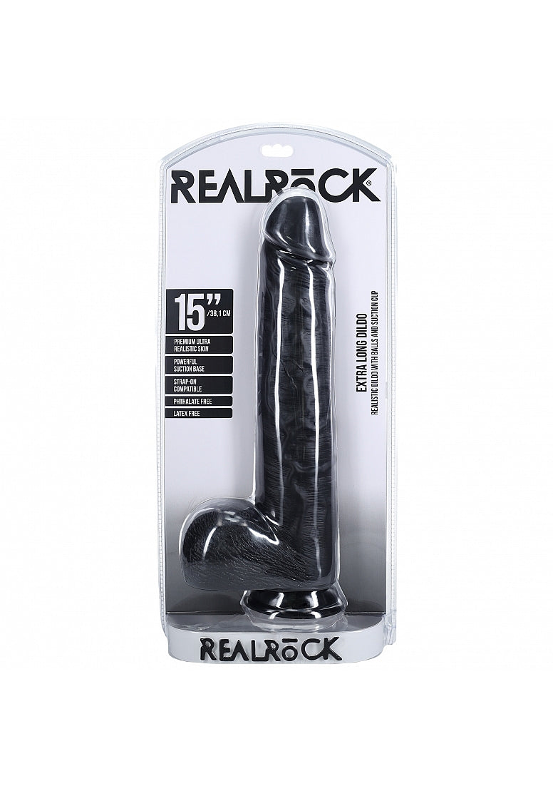 RealRock Ultra Realistic Skin - Extra Large Straight with Balls 15" / 38 cm - Black
