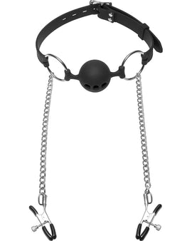 Hinder Breathable Silicone Ball Gag With Nipple Clamps