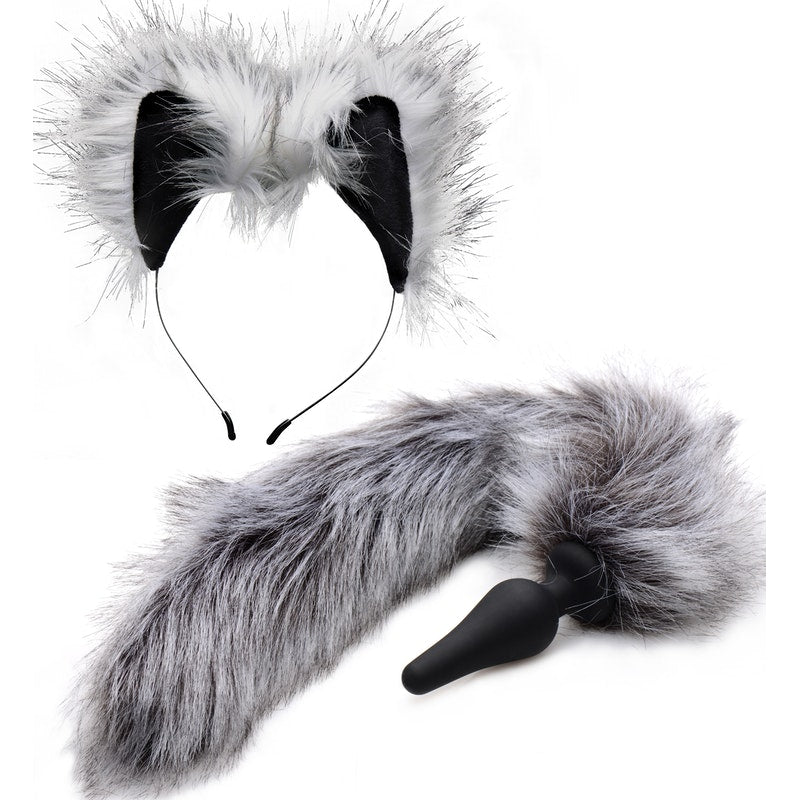 Anal Plug and Ears Set Grey Wolf Tail