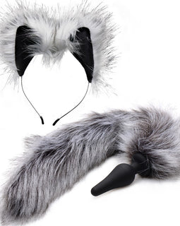 Anal Plug and Ears Set Grey Wolf Tail