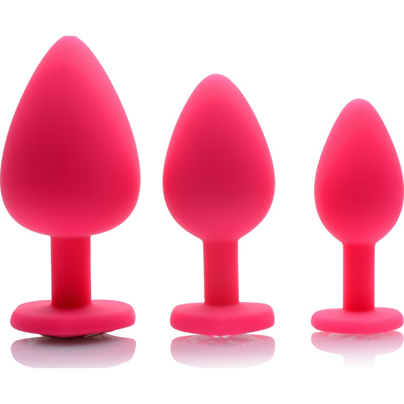 Pink Hearts 3 Piece Silicone Anal Plugs with Gem Accents