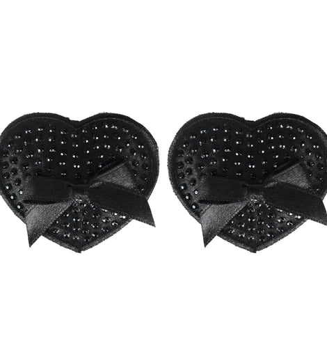Black Satin Heart Pasties w Black Stone and Bow