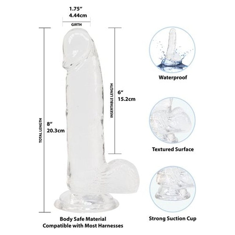 Crystal Dildo w Balls 8in Clear