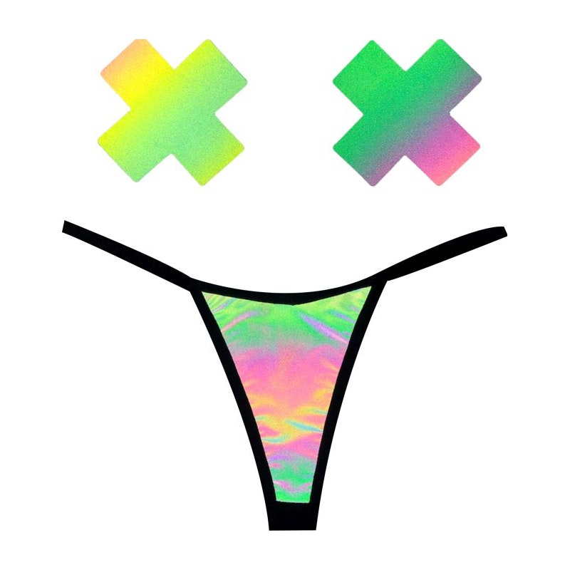 Rainbow Reflective G-String  & X Pastie Set