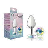 Cheeky Charms Silver Round Butt Plug w Clear Iridescent Jewel Large