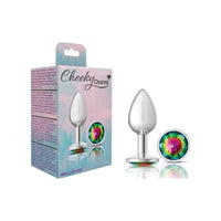 Cheeky Charms Silver Round Butt Plug w Rainbow Jewel Small