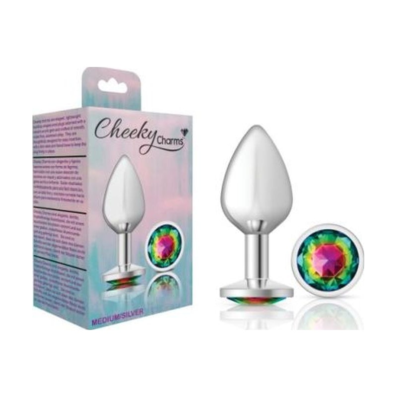 Cheeky Charms Silver Round Butt Plug w Rainbow Jewel Medium