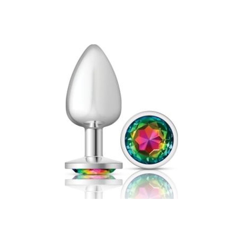 Cheeky Charms Silver Round Butt Plug w Rainbow Jewel Large