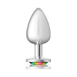 Cheeky Charms Silver Round Butt Plug w Rainbow Jewel Large