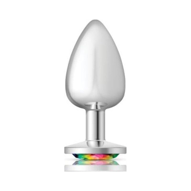 Cheeky Charms Silver Round Butt Plug w Rainbow Jewel Large