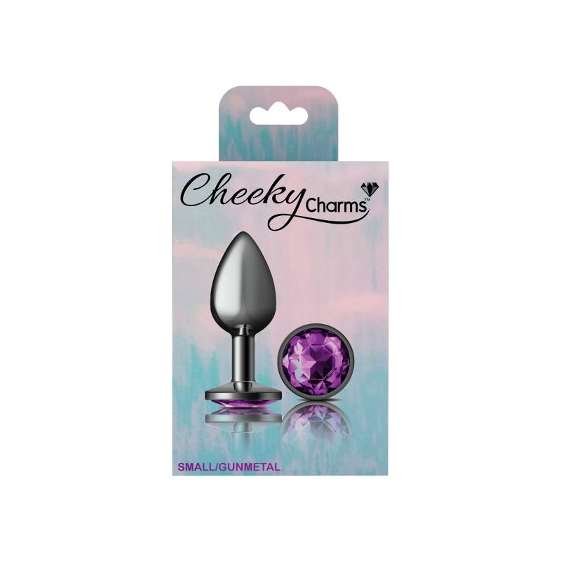 Cheeky Charms Gunmetal Round Butt Plug w Purple Jewel Small