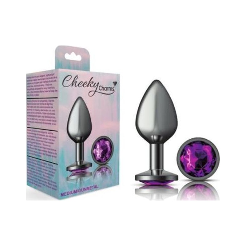 Cheeky Charms Gunmetal Round Butt Plug w Purple Jewel Medium