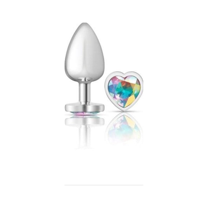 Cheeky Charms Silver Metal  Butt Plug w Heart Clear Jewel Large