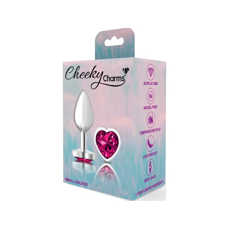 Cheeky Charms Silver Metal  Butt Plug w Heart Pink Jewel Small