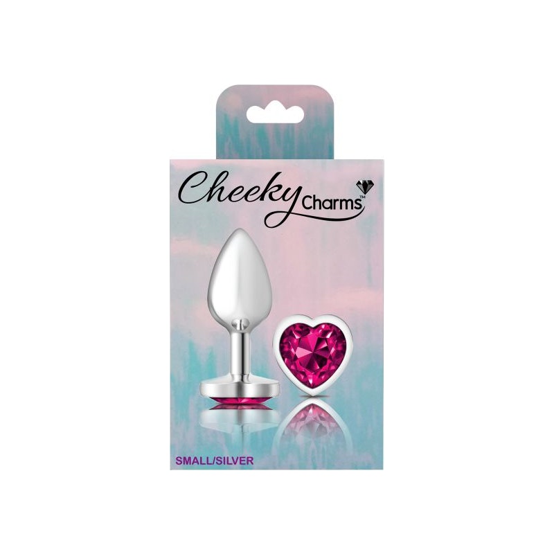 Cheeky Charms Silver Metal  Butt Plug w Heart Pink Jewel Small