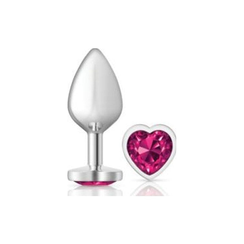 Cheeky Charms Silver Metal  Butt Plug w Heart Pink Jewel Medium