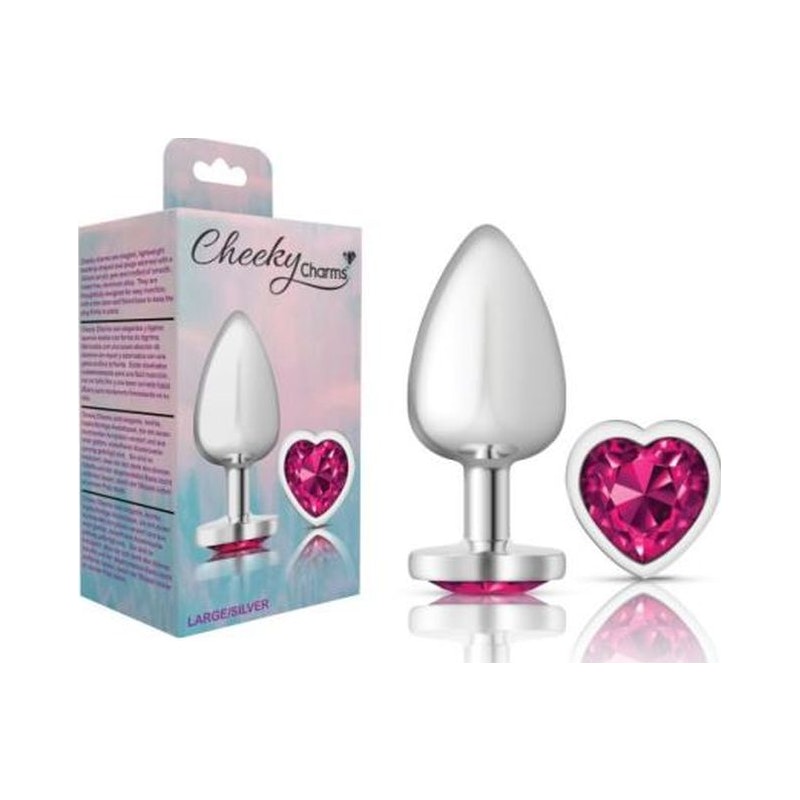 Cheeky Charms Silver Metal  Butt Plug w Heart Pink Jewel Large