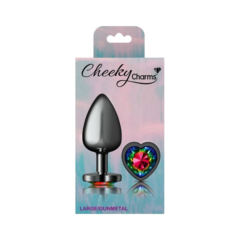 Cheeky Charms Gunmetal  Butt Plug w Heart Rainbow Jewel Large