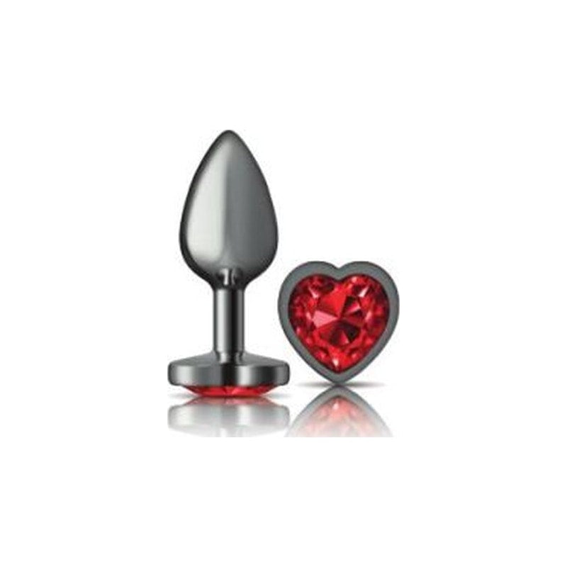 Cheeky Charms Gunmetal  Butt Plug w Heart Red Jewel Small