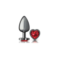 Cheeky Charms Gunmetal  Butt Plug w Heart Red Jewel Large