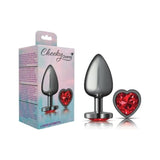 Cheeky Charms Gunmetal  Butt Plug w Heart Red Jewel Large