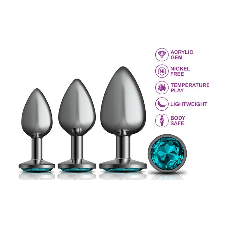 Cheeky Charms Round Metal Butt Plug Gunmetal 3 Pc Kit w Teal Jewel