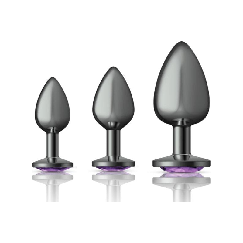 Cheeky Charms Round Metal Butt Plug Gunmetal 3 Pc Kit w Purple Jewel