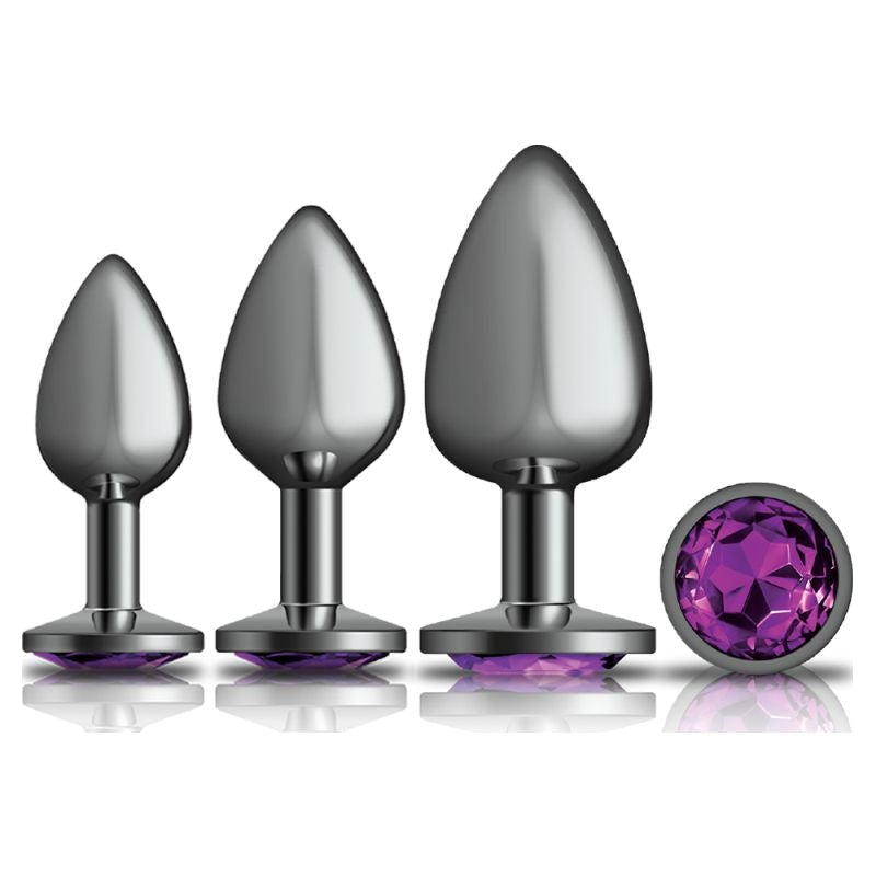 Cheeky Charms Round Metal Butt Plug Gunmetal 3 Pc Kit w Purple Jewel